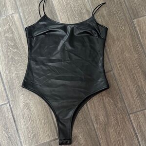 Shein Black Faux Leather Bodysuit with Stetchy spaghetti straps. High waist